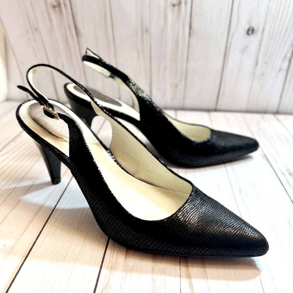 Calvin Klein Sadi Lizard Print Black Slingback Heels Size 9, Original Box.